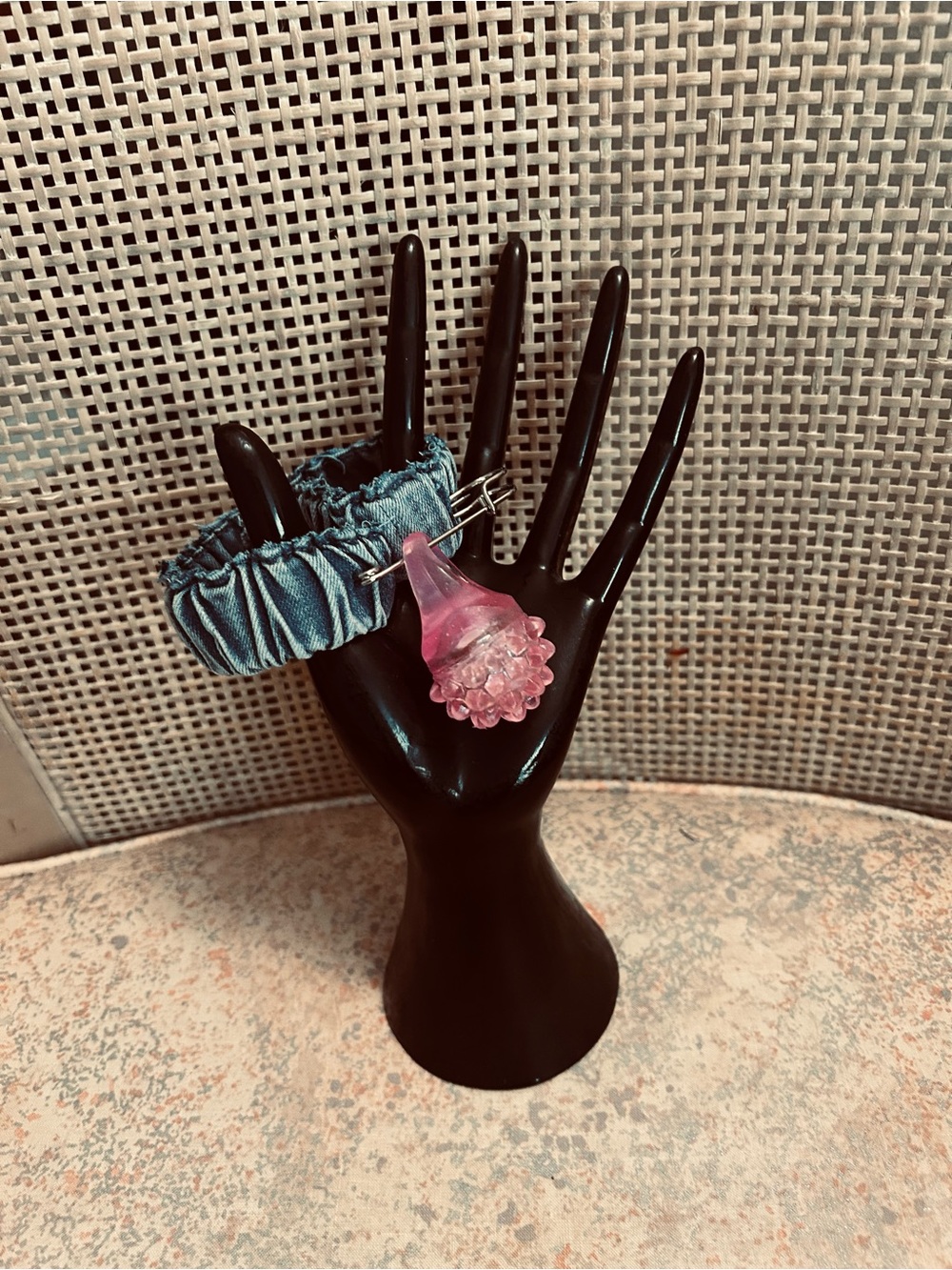 LED light up ring on denim bracelet